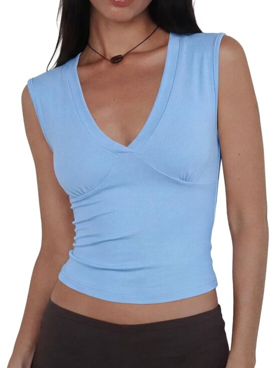 Tops - Women Blue Polyester Deep V Neck Stretchy Trendy Going Out Sleeveless Crop Top